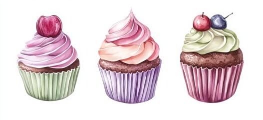 Cupcakes set. Cupcakes with pink and purple frosting, a watercolor illustration on a white background. Hand-drawn cupcakes in different shapes with flower decorations. 