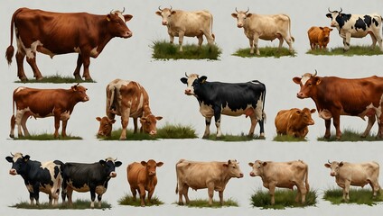 Fototapeta premium Cow farm collection set, isolated on a transparent background.