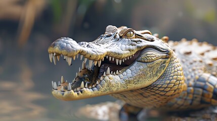 Obraz premium A close-up of a crocodile displaying its sharp teeth, with a focused gaze, against a blurred natural background.
