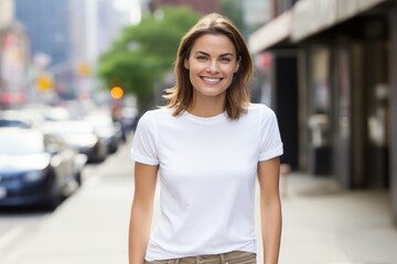 Portrait of a satisfied woman in her 30s dressed in a casual t-shirt while standing against bustling city street background