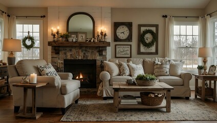 Cozy farmhouse living room with rustic furniture and soft light.