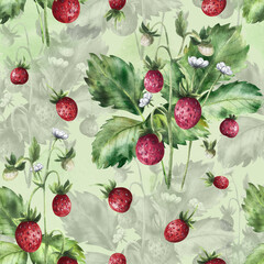 Red wild strawberry with leaves and flowers on a background with a shadow pattern. Hand drawn watercolor seamless pattern. For design and decor, textile and printing