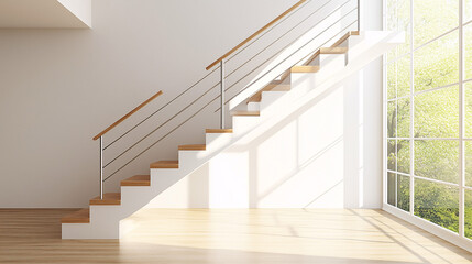 Bright minimalist staircase with natural wood steps and simple metal railings, leading up to a spacious, open area