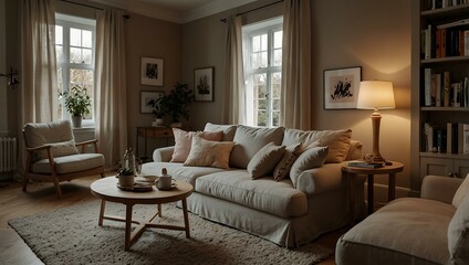 Cozy living room with a comfortable sofa and warm atmosphere.