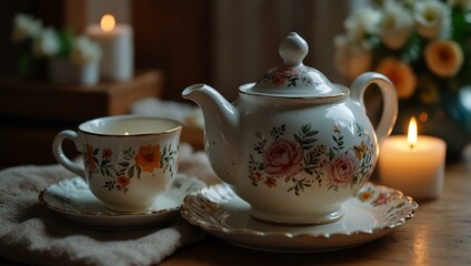 Cozy tea setup with floral teapot, cups, and a flickering candle.