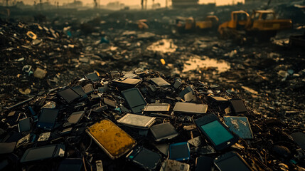 Rubbish dump filled with electronic waste, primarily broken smartphones, scattered across the site.