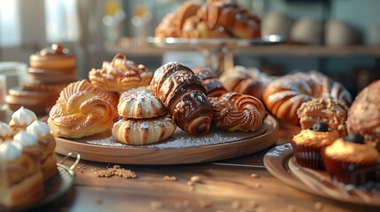 A tempting array of freshly baked pastries and desserts displayed on wooden platters, showcasing a variety of intricate designs and textures.