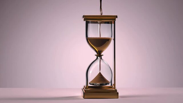 glass hourglass with sand falling from the top chamber, representing the inevitable flow of time and the impermanence of life.