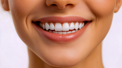 Fototapeta premium Woman smiling with white teeth, set against a white background.