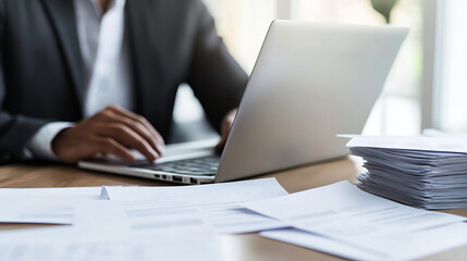 Fototapeta premium HR Manager Reviewing Resumes on Laptop at Office