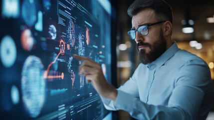 A businessperson presenting data on a large digital screen, analyzing trends and making decisions in a modern office.