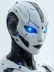 AI Robot Face A sleek, futuristic robot face with glowing blue eyes on a solid white background, representing the advancement of artificial intelligence.