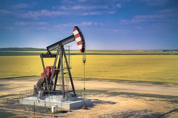 Fototapeta premium An oil pumpjack situated in a vast open field