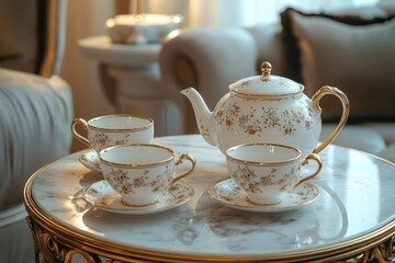 Fototapeta premium Elegant Tea Set on a Marble Table with Gilded Accents