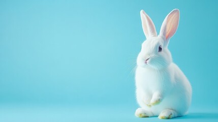 Obraz premium A cute white rabbit sitting against a bright blue background.