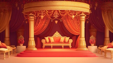 Grand Indian Wedding Stage Decor with Golden Throne
