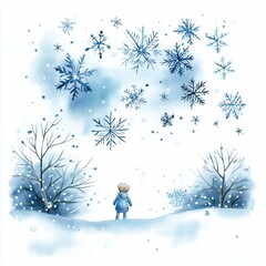 A child gazes in wonder at falling snowflakes during a serene winter landscape