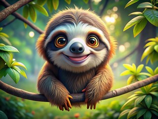 Obraz premium Adorable Sloth Cartoon Character Hanging from a Tree Branch with a Cheerful Expression and Colors