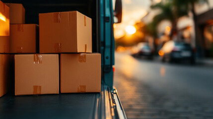 Open doors of a delivery truck parked on the street, showing organized boxes ready for delivery to customers