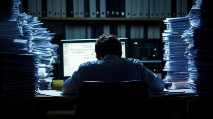 Exhausted Office Worker Struggling Late into the Night, surrounded by stacks of papers and computer screen, long workplace hours, professional work environment, depressing ambience and atmosphere.	