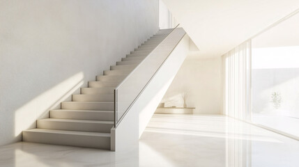 Fototapeta premium Clean, modern staircase with sleek open railings in a bright minimalist home interior, neutral tones, and natural lighting