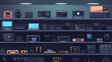 A  store shelf full of vintage electronics with different models and sizes of televisions, stereos, and speakers.