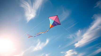 Colorful Kite Flying High in Blue Sky with White Clouds