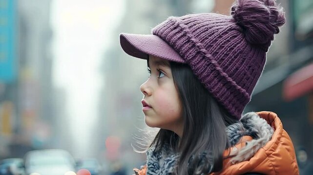 Young Girl Wearing a Purple Knit Hat and a Pink Baseball Cap Looking Off to the Side