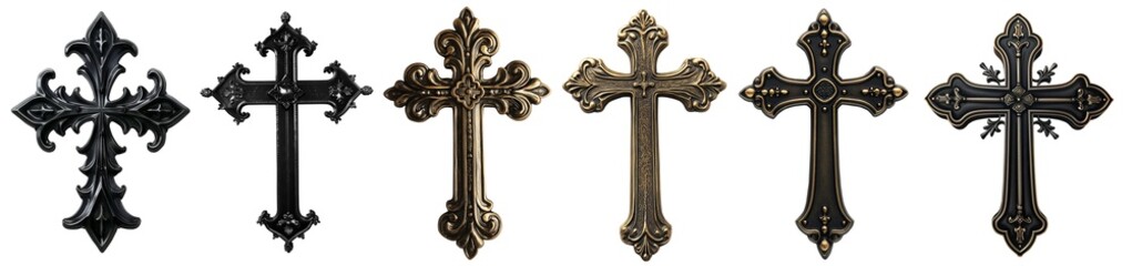 Set of religious holy christian catholic orthodox cross, black chrome bronze metal intricate collection, on transparent cutout PNG file. Many different style. Mockup template for artwork design