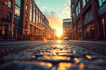 Fototapeta premium Cobblestone street leading to sunset in dublin city center