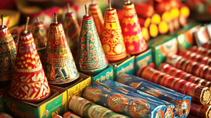 Fototapeta premium Festive arrangement of traditional Indian Diwali firecrackers with lamp wick on a bright violet fabric background.