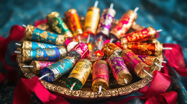 Festive arrangement of traditional Indian Diwali firecrackers with lamp wick on a bright violet fabric background.