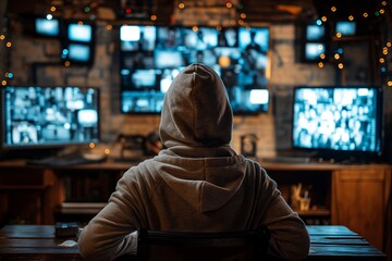 Hacker breaking into security system using computer in the dark