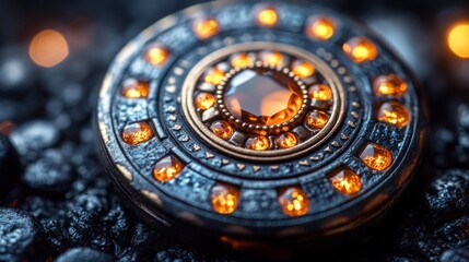 A decorative circular object with glowing gems and intricate design.