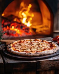 Fresh Baked Pizza with Traditional Wood-Fired Oven in the Background