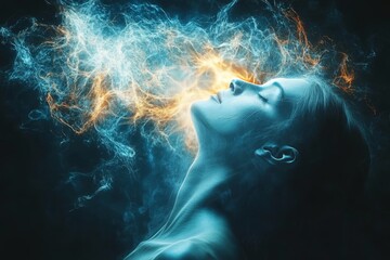 Fototapeta premium Woman floating in space with glowing neural light symbolizing the concept of cosmic consciousness spiritual awakening and the infinite possibilities of the mind