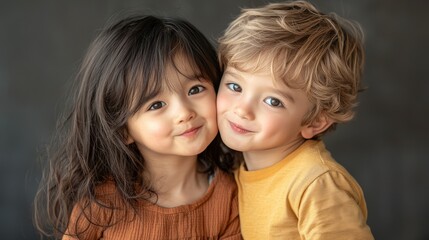 cute girl gently kissing a boy on the cheek. The boy&rsquo;s expression should be one of surprise, lovly brother and sister 