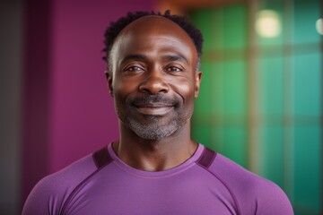 Fototapeta premium Portrait of a content afro-american man in his 40s wearing a breathable golf polo on vibrant yoga studio background