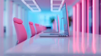 Sleek modern office setup featuring pink chairs and open laptops on a glossy white desk, illuminated by vibrant blue and pink neon lighting.