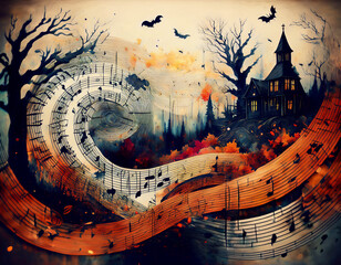 ハロウィーンの楽しいの雰囲気がコンセプトの図形楽譜　流動的に散りばめられた幾何学模様と装飾と音楽的要素　広がる森と遠く見えるお化け屋敷