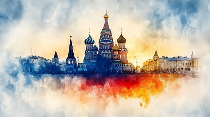 Fototapeta premium A delicate watercolor painting of Saint Basil's Cathedral’s silhouette at dusk, with the Russian flag’s vibrant colors softly blending into the sky behind.
