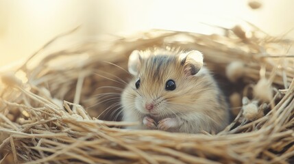 Close-up of a tiny hamster in its nest, gentle background with plenty of copy space for design.