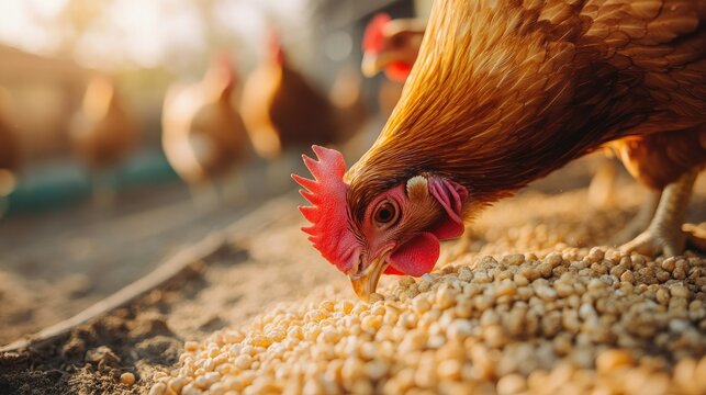 Close-up of chickens pecking grain on a sunny farmyard, no people, large copy space included.