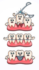 Tooth extraction, braces and dental implant cartoon. Suitable for health