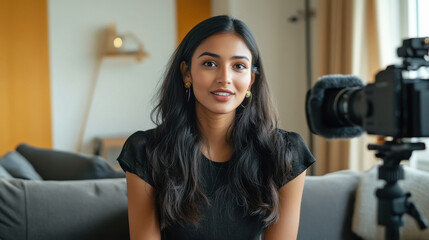 indian female influencer or content creator recording a video podcast
