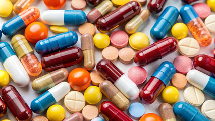 A variety of colorful pills and capsules are scattered in a close-up view. The assortment includes different shapes, sizes, and colors, suggesting a diverse range of medications.AI generated.