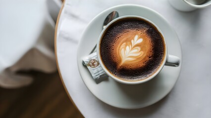 Coffee in the cup with coffee beans in the cafe hot coffee shop espresso made by barista