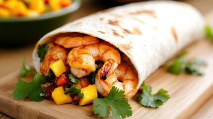 Fresh Shrimp Wrap with Mango and Cilantro Garnish