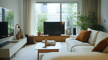 Minimalist Living Room Interior Design with White Sofa and Natural Light