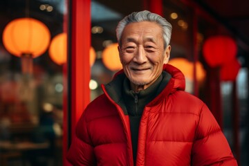 Obraz premium Portrait of a tender asian elderly 100 years old man wearing a windproof softshell on vibrant yoga studio background